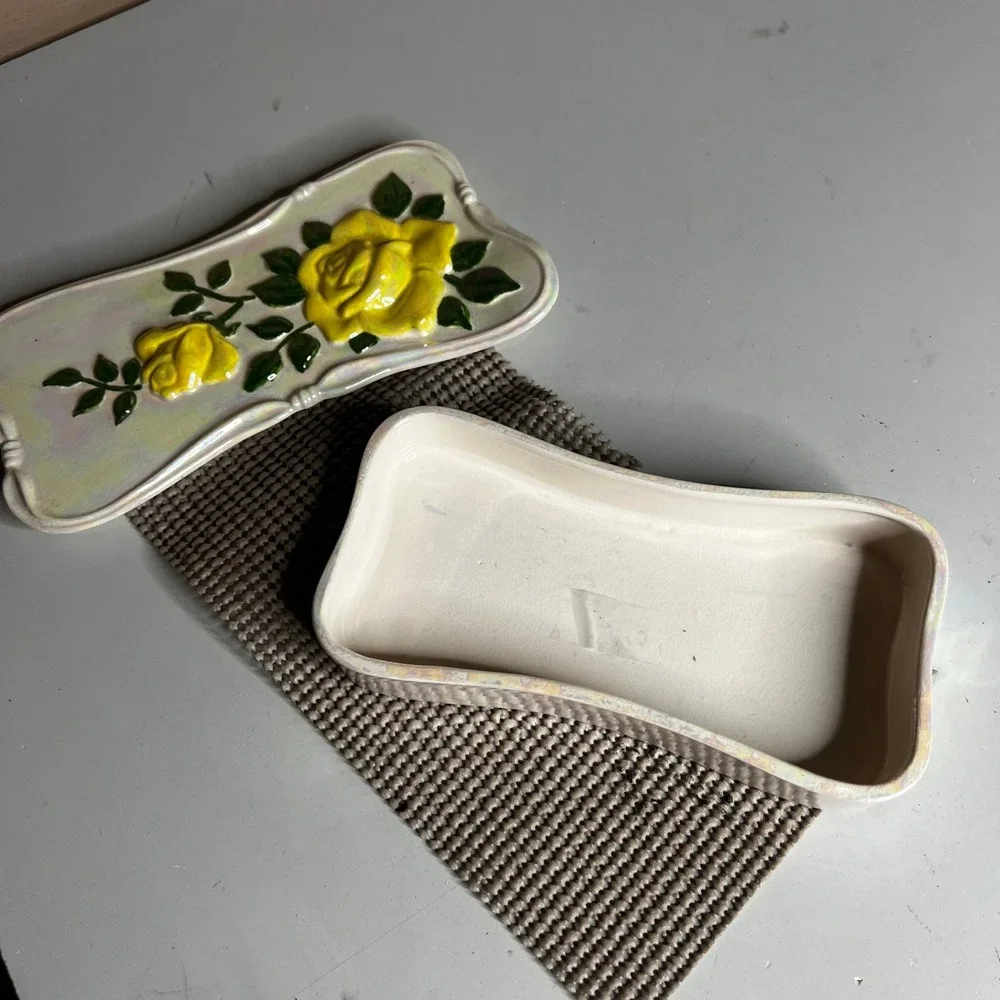 Vintage Iridescent Lusterware Ceramic Trinket Box Rose Floral Jewelry Case